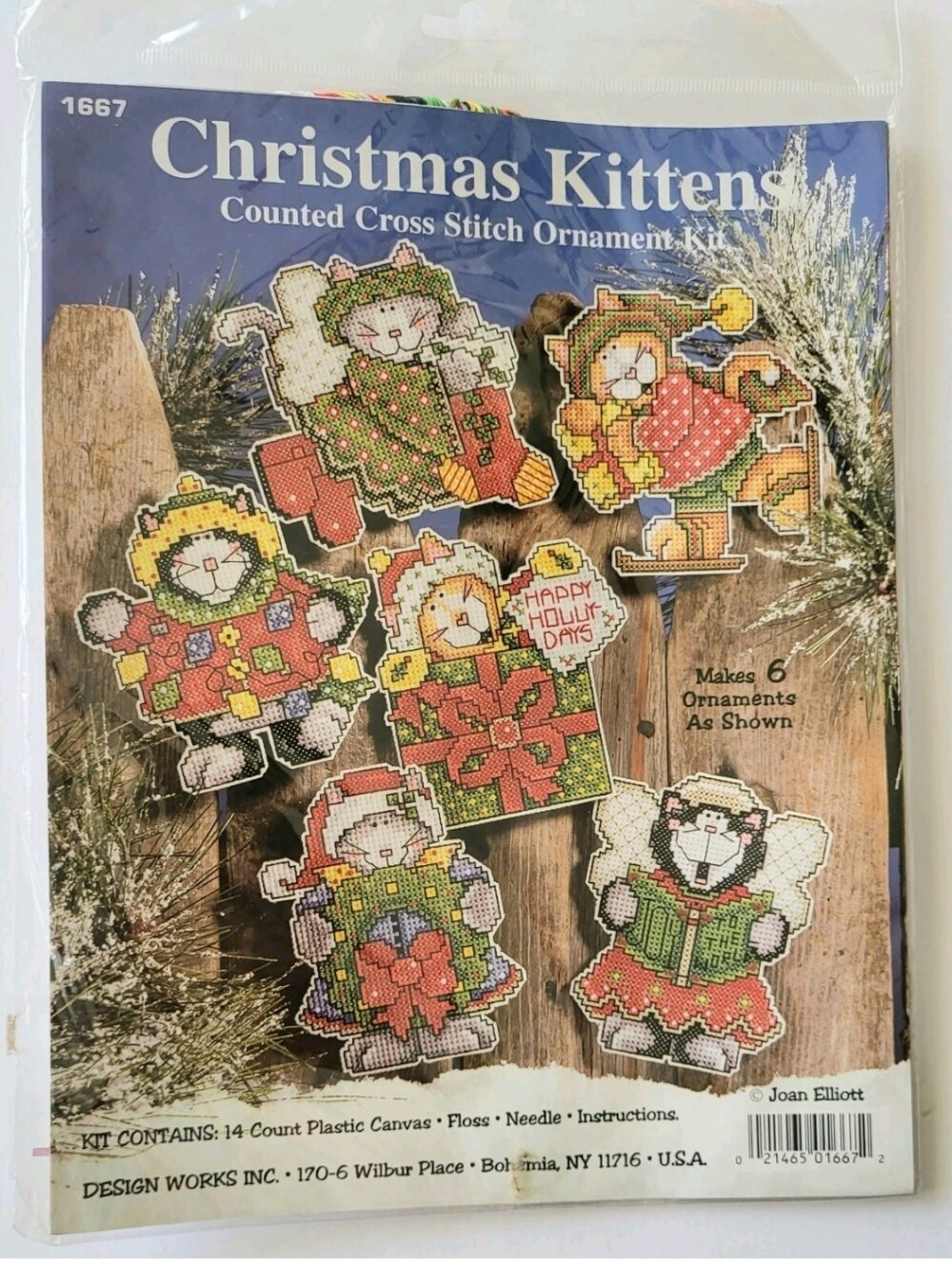 JOAN ELLIOTT CHRISTMAS KITTENS ORNAMENTS COUNTED CROSS STITCH KIT, NEW